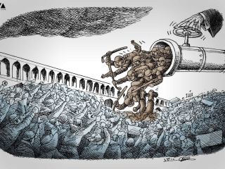 کاریکاتور «بازکردن فاضلاب حکومتی بر رود مردمی» - کاری از مانا نیستانی