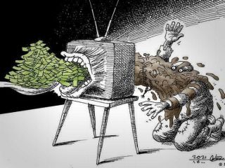 کاریکاتور «صدا و سیما با این بودجه عظیم چه میکند؟» -  کاری از مانا نیستانی