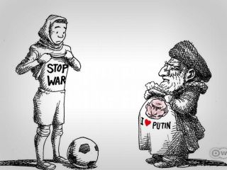 کاریکاتوری در رابطه با نمایش پیام«جنگ را متوقف کنید»- کاری از مانا نیستانی