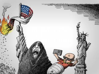 کاریکاتور؛ «کدومو باور کنیم ؟ رزم با آمریکای مادر یا بزم در آمریکای پسر»