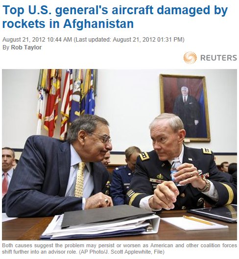 هواپیمای ژنرال دمپسی در بگرام مورد اصابت موشک قرار گرفت هواپیمای ژنرال دمپسی در بگرام مورد اصابت موشک قرار گرفت